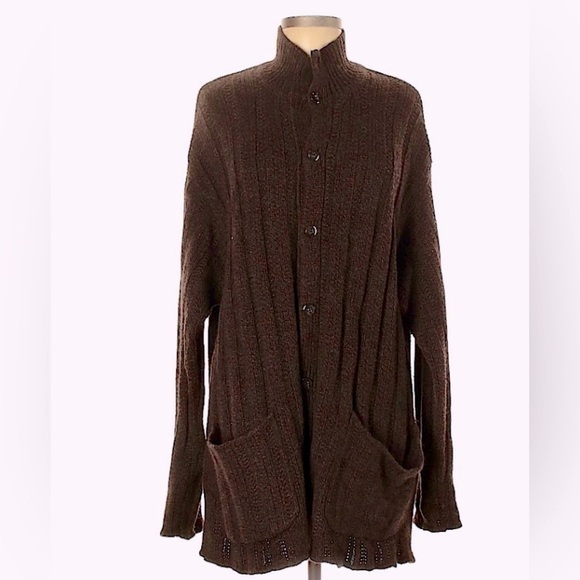 Cashmere Donna Karen NY chocolate Brown wool blend Sweater Cardigan Coat M - Picture 1 of 10